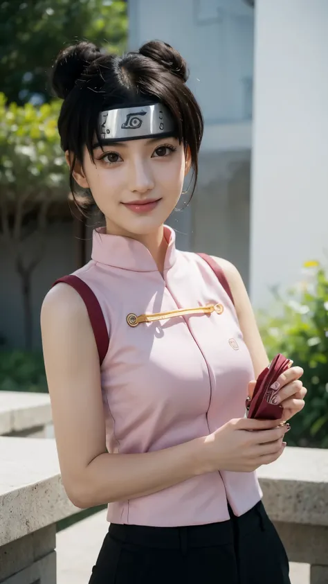A stunningly beautiful realistic portrait of Tenten from Naruto Shippuden, reimagined as a real-life young woman. She has soft, radiant skin, expressive dark brown eyes, and long black hair styled into her signature twin buns with a few loose strands frami...