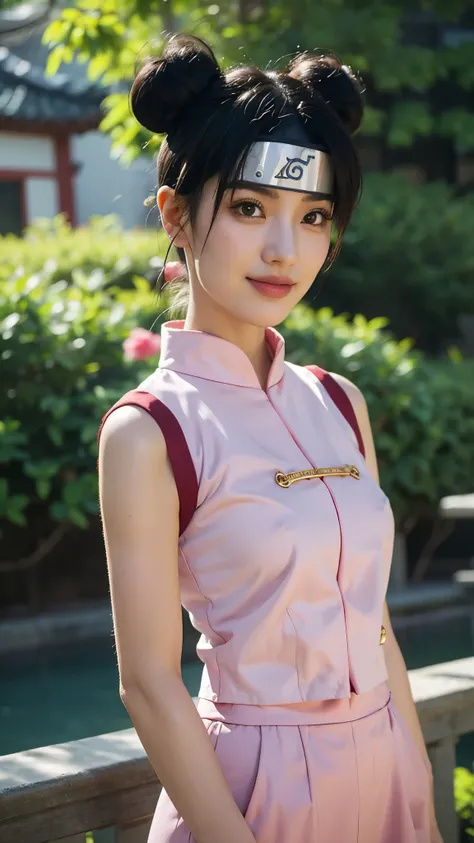 A stunningly beautiful realistic portrait of Tenten from Naruto Shippuden, reimagined as a real-life young woman. She has soft, radiant skin, expressive dark brown eyes, and long black hair styled into her signature twin buns with a few loose strands frami...