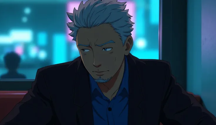 A 45-year-old Southeast Asian man with salt-and-pepper hair, neatly styled, wearing a dark smart casual coat and shirt, calm expression, sitting in a futuristic café booth at night with soft blue neon lights, cinematic close-up, realistic anime style