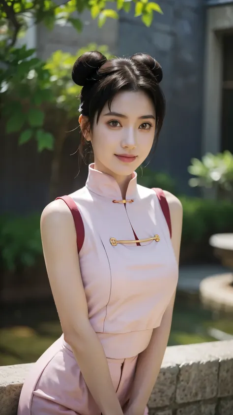 A stunningly beautiful realistic portrait of Tenten from Naruto Shippuden, reimagined as a real-life young woman. She has soft, radiant skin, expressive dark brown eyes, and long black hair styled into her signature twin buns with a few loose strands frami...