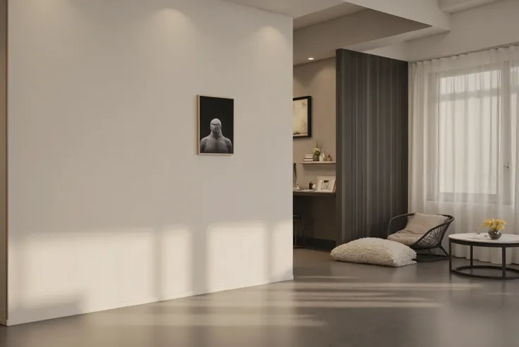 a room furnished in a modern style with an empty wall. (Living Room). opaque dark gray floor, light from a window on the left, bottom view of this modern room with a painting with modern colors hanging on the dark wall. mobili moderni, living room, cuscini...