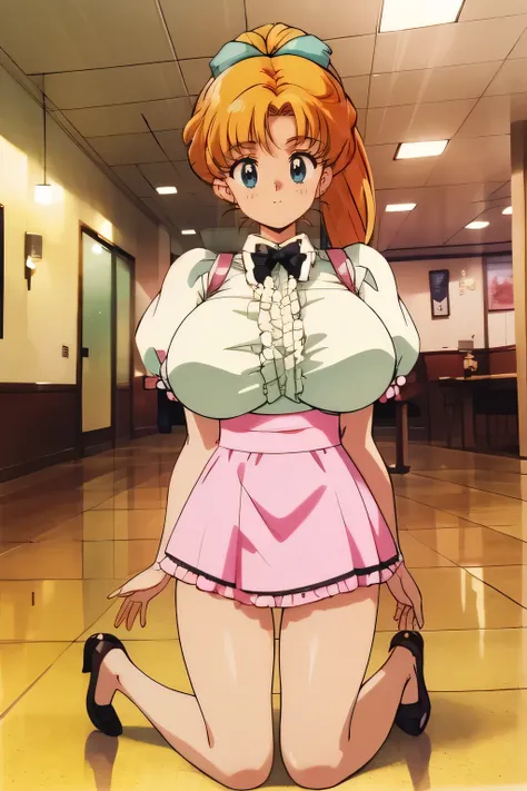 ((masterpiece, best quality)), (extremely detailed, perfect anatomy), orange hair, pony tail, ((huge breasts)), covered erect nipples, thick thighs, waitresses, puffy sleeves, frilled shirt, pink miniskirt, smile, (Family restaurant), indoor, daytime, anim...
