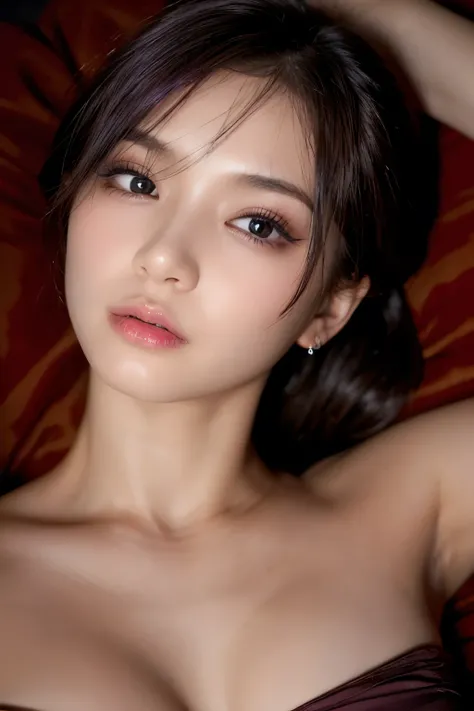 in a dim lit dark room, an elegant adult lady, lying down on her back in the bed, looking to the side, plaeced hands on the chest, blank eyes, begging expressions, wet long length hair, deep red and deep purple hair, vivid heavy makeup, slendar figure, bea...
