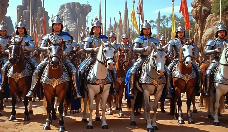 1950s,Image is a cinematic scene featuring a group of armored warriors on horseback, set in a historical or fantasy context. The layout is a wide shot capturing multiple figures in ornate armor, predominantly silver with blue accents, and helmets with cres...
