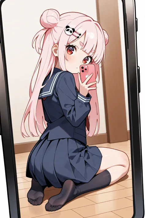 masterpiece, best quality, high resolution,4K, highly detailed, ultra detailed, ((detailed beautiful eyes)), full body, Alone, 1 girl, light pink hair, small double bun hair, half twin hair, long hair, hime cut, thin oval eyebrows, Red Eyes, (( bangs Panda...