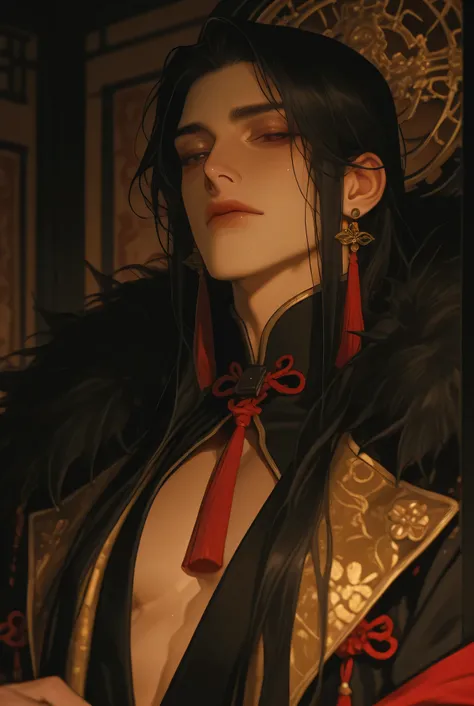Chinese emperor in period era long black hair and dark eyes Personality cold and be Tyrant wear blacks and gold