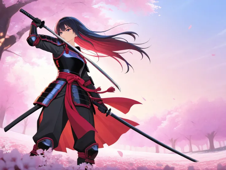 Anime-style female samurai in a dynamic pose, drawing her katana, wearing ornate red and black armor, long hair blowing in the wind, standing in a cherry blossom field, dramatic lighting, highly detailed, vibrant colors