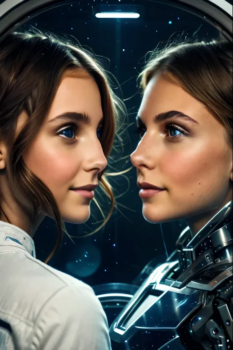 high quality, Transparency increase, Mechanical parts changes, A split composition showing a human woman in soft lighting, sitting in a spaceship looking at a digital screen. Reflected in the screen is her AI twin, glowing with ethereal blue and violet ton...