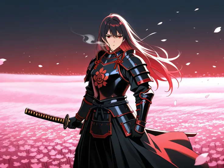 Anime-style female samurai in a dynamic pose, drawing her katana, wearing ornate red and black armor, long hair blowing in the wind, standing in a cherry blossom field, dramatic lighting, highly detailed, vibrant colors