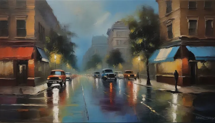 _painting, -painting-style,( masterpiece, best quality),
 This painting depicts a rainy night in the city , The street is lined with buildings, The lights of the building shine brightly in the dark sky,  There are cars parked on the side of the street , an...