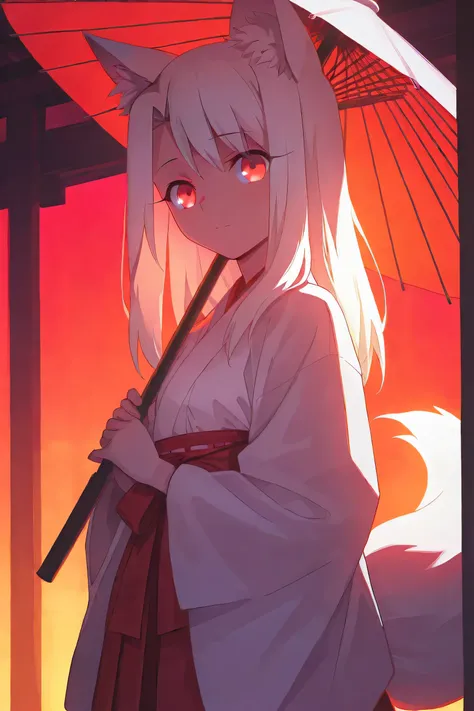 1girl, ^ ^^,  hakama, holding, holding umbrella, japanese clothes, kimono, long hair, long sleeves, looking at viewer, makizushi, miko, closed mouth, red eyes, white hair, red hakama, skirt, solo, upper body, pastel background, white kimono, wide sleeves, ...