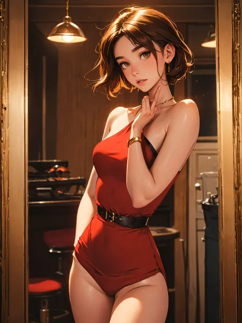 20 year old model, (only 1 girl),  beautiful,  brown hair, (shoulder length hair), , short glossy hair, hazel eyes, beautiful figure, beautiful long legs, , top quality, highest quality, pin-up style, red shirt, , dark makeup,  small breasts, skinny, slend...
