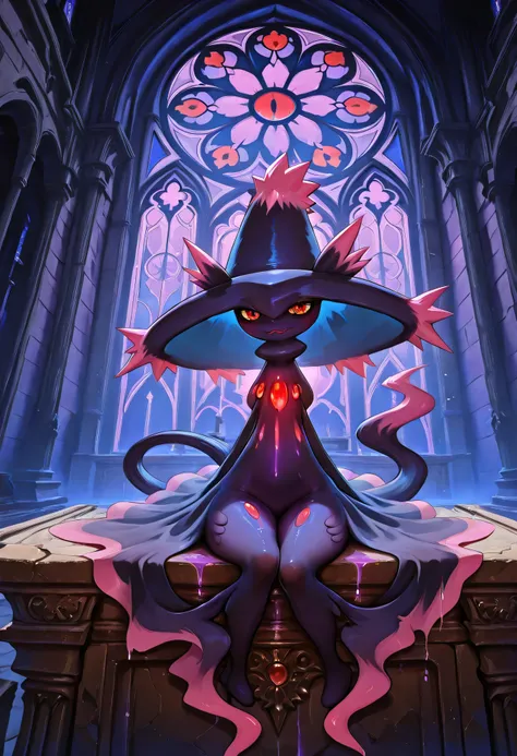 Mismagius nude, lounging sensually on a broken altar in a ruined gothic cathedral, soft purple light pouring through stained glass, curved tail resting around her legs, body partly veiled by drifting mist, red eyes glowing softly, painterly semi-realistic ...