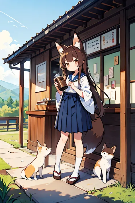 Create detailed images。steampunkai。A fox transformed into a Japanese high school girl。long brown hair。trimmed bangs。fox ears。fox tail。navy blue sailor suit。Navy Blue Pleated Skirt。holding a PET bottle of coffee in one hand。The background is a bus stop in a...