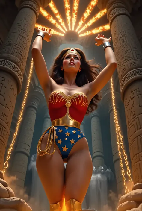 Lynda Carter as Wonder Woman in her 1970s costume, 3/4 close-up, arms bound above her head by glowing magical chains made of fire and light, suspended in mid-air within a ruined, arcane temple. Her expression is a mix of pain and defiance, hair tousled, ti...