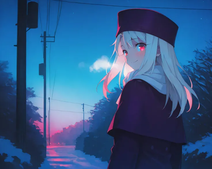 1girl, blush, breath, building, bush, closed mouth, coat, cold, hood, jacket, long hair, looking at viewer, night, outdoors, plaid, plaid scarf, power lines, scarf, smile, snow, solo, streaked hair, two-tone hair, upper body, utility pole, white hair, wint...