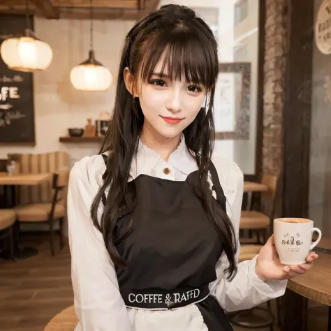 A girl is working as a waitress in a cozy cafe. She's wearing a classic maid outfit. The air feels warm and calm, and it's like you can almost smell the coffee through the picture.  Long hair, dark hair, dark eyes.