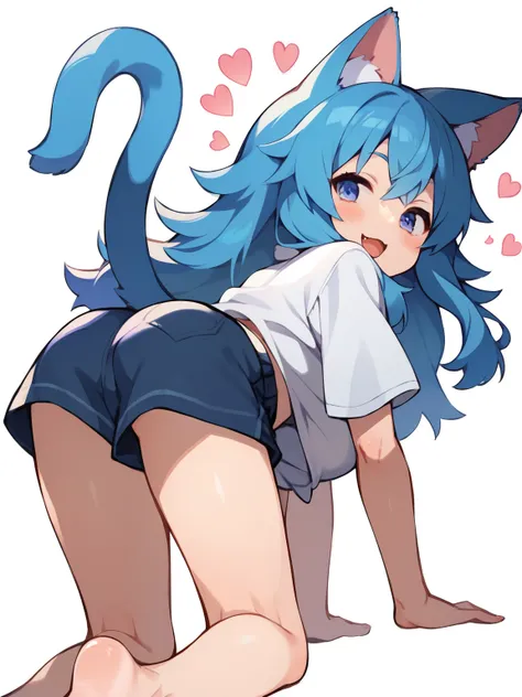 score_9, score_8_ up, score_7_ up, score_6_ up, score_5_ up, anime，nsfw， 1 girl on break day, (Fur Fusion Beauty, kemono:1.4),   cat girl,  about animal noses , Cat ears, blue hair, shorts, solo, shirt, white shirt, =_=, white background, simple background...