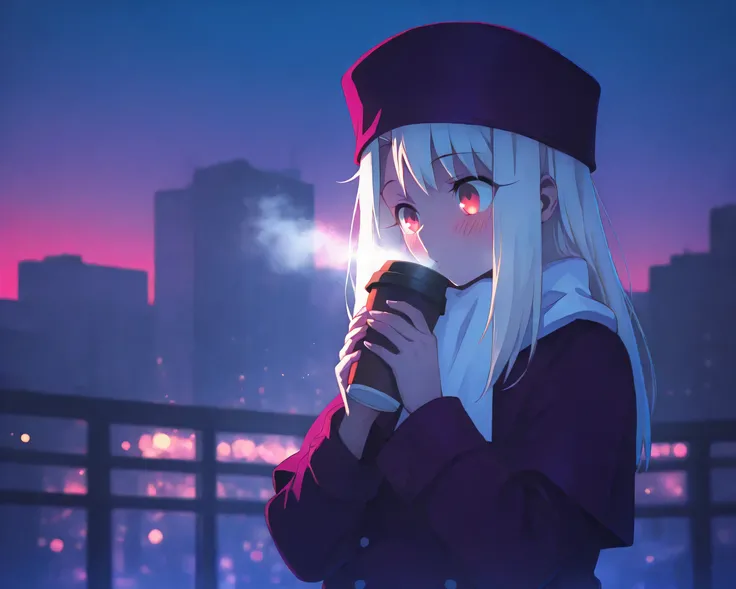 1girl, blowing, blunt bangs, blush, bokeh, brown eyes, white hair, purple coat, coffee cup, cropped torso, cup, disposable cup, fur trim, holding, holding cup, long hair, long sleeves, scarf, scarf, solo, steam, upper body, winter clothes, purple headwear,...