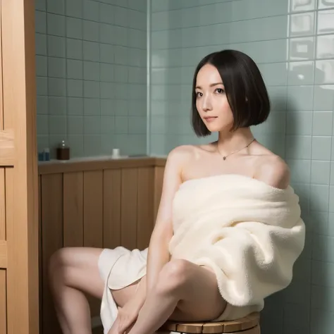 A beautiful woman in a A narrow, compact Japanese bathroom, with tiled walls, a small bathtub, and a wooden stool beside it. Steam fills the room., sitting in seiza style , politely waiting to greet someone.The character is wrapped in a towel around the bo...