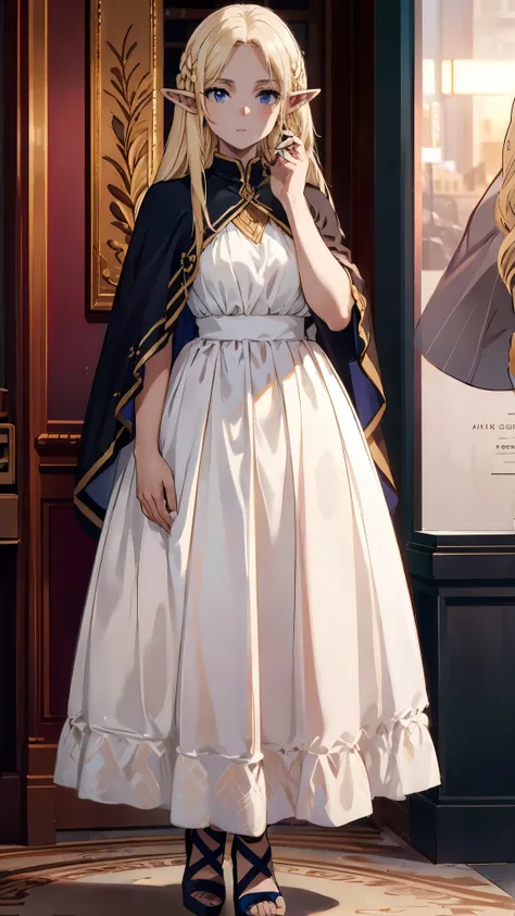 ((best quality)), ((masterpiece)), (detailed), perfect face, textured skin, ((super detail)), high quality, high details, elf, blonde, Beautiful long hair, hair tucked behind ear, blue eyes, mature, dark brown long dress, Red High Heels, She holds out her ...