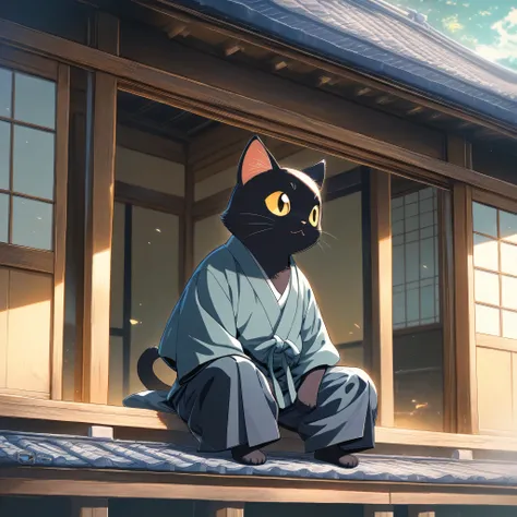 (masterpiece, best quality, ultra-detailed), a cute stylized anthropomorphic semi-human black cat with a rounded face, shiny yellow eyes, soft black fur, and symmetrical forward-facing ears. The cat is sitting and relaxing on the tiled roof of a traditiona...