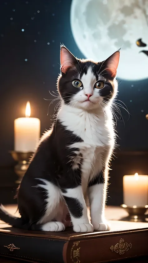 「full moon night、A cute kitten with a realistic texture is quietly dozing on an old magic book。Realistic magical tools that look like the real thing are all around( crystal ball、magic wand on the hill、Candles) is placed 、A night sky with a clear full moon ...