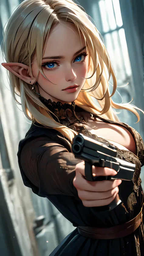((best quality)), ((masterpiece)), (detailed), perfect face, textured skin, ((super detail)), high quality, high details, elf, blonde, Beautiful long hair, hair tucked behind ear, blue eyes, mature, dark brown long dress, Red High Heels, She holds out her ...