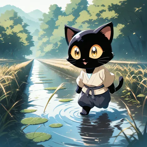 (masterpiece, best quality, ultra-detailed), a cute stylized anthropomorphic semi-human black cat with a rounded face, shiny yellow eyes, soft black fur, and symmetrical forward-facing ears. The cat is walking leisurely along a narrow path between freshly ...