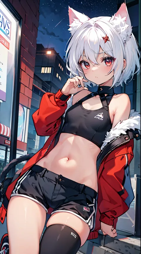 top grade 、white hair、short hair,red eyes、Beautiful Girls、Petite、Cat ears,flat chested,(,jersey,hotpants,sneakers,navel,),Street,,,night,