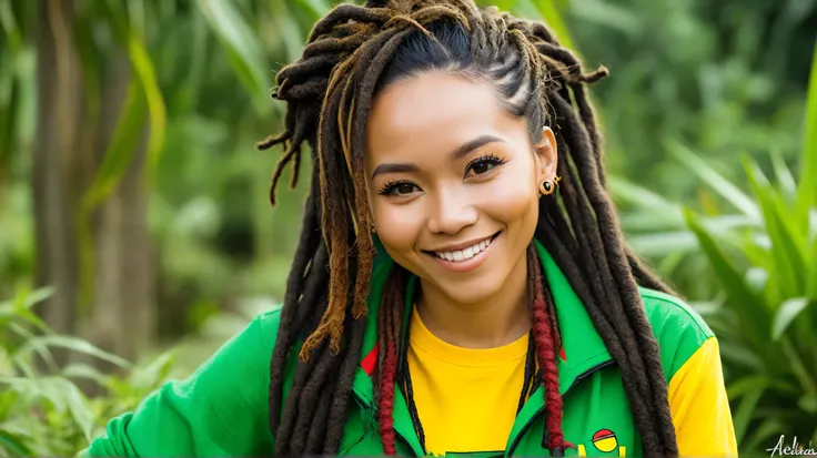 Create a character of a 20-30 year old Indonesian woman with dreadlocks who loves reggae music and has a relaxed, free personality and is full of positive energy. This character has a lifestyle that is close to nature and cares about social issues. Her app...