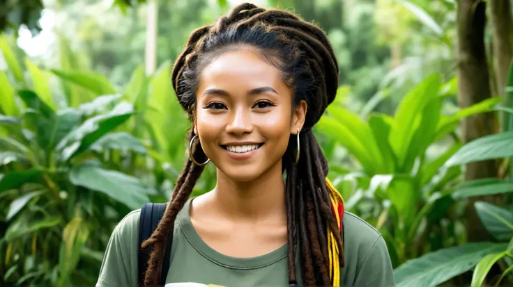 Create a character of a 20-30 year old Indonesian woman with dreadlocks who loves reggae music and has a relaxed, free personality and is full of positive energy. This character has a lifestyle that is close to nature and cares about social issues. Her app...