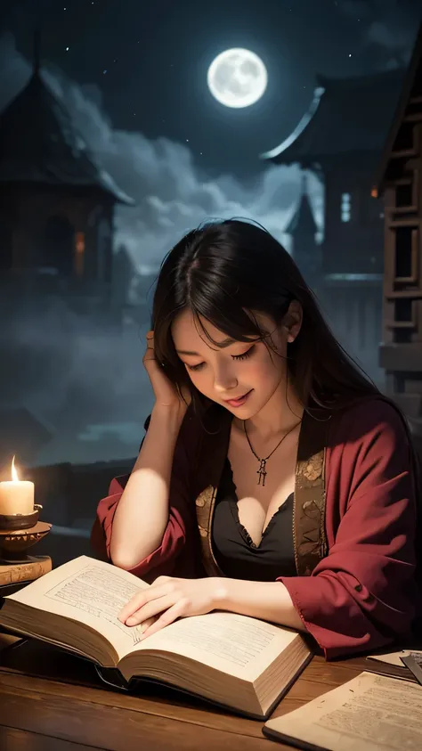 "A dreamy magical scene under a glowing full moon, featuring an adorable sleeping kitten curled up on an ancient spellbook, surrounded by glowing runes and magical artifacts. A wise and gentle magician in a flowing robe watches over the kitten with a warm ...