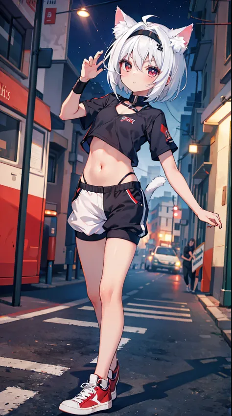 top grade 、white hair、short hair,red eyes、Beautiful Girls、Petite、Cat ears,flat chested,(,jersey,moving,sneakers,navel, cap,),Street,,,night,
