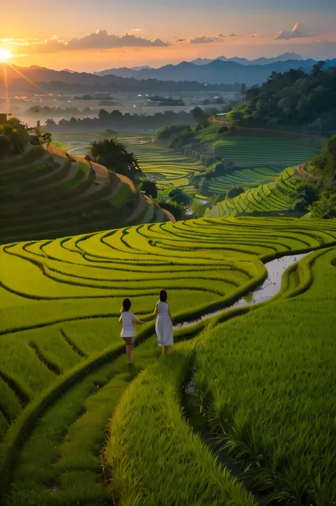Sunrise in a rice terrace in Southeast Asia.