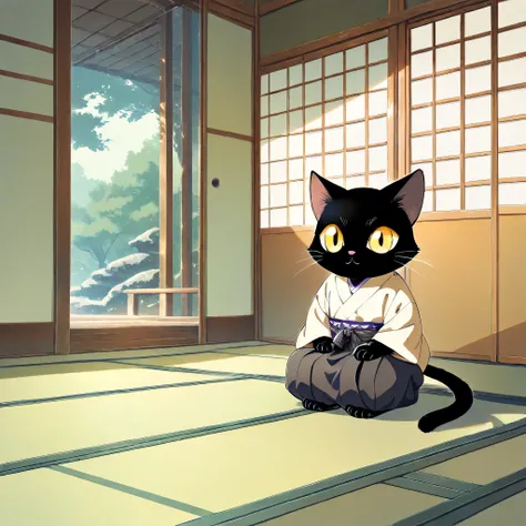 (masterpiece, best quality, ultra-detailed), a cute stylized anthropomorphic semi-human black cat with a rounded face, shiny yellow eyes, soft black fur, and symmetrical forward-facing ears. The cat is sitting and zoning out quietly in a traditional Japane...