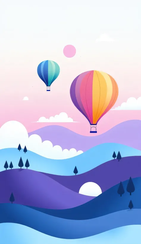vector art - a minimalist style of A colorful MEDIUM hot air balloon floating above a landscape of hills at twilight,  simple shapes, soft gradients of purple, blue, and light blue, flat design, stylized clouds,  simple trees on hills,  hot air balloon wit...
