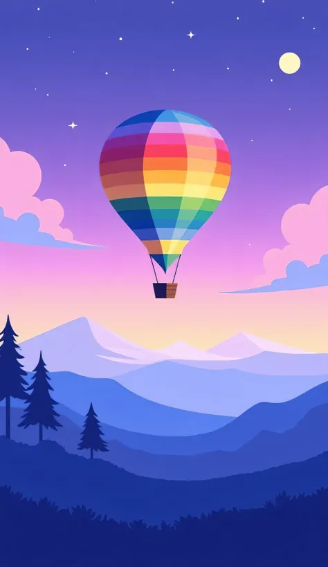 vector art - a minimalist style of A colorful MEDIUM hot air balloon floating above a landscape of hills at twilight,  simple shapes, soft gradients of purple, blue, and light blue, flat design, stylized clouds,  simple trees on hills,  hot air balloon wit...