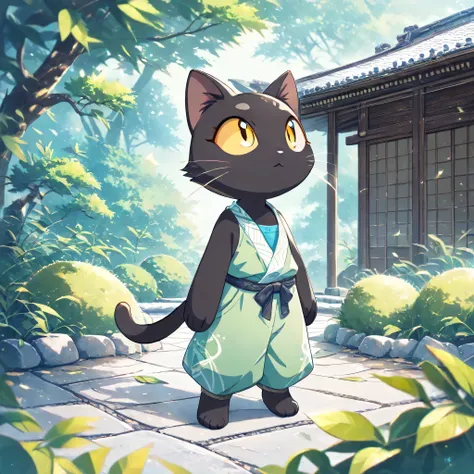 (masterpiece, best quality, ultra-detailed), a cute stylized anthropomorphic semi-human black cat with a rounded face, shiny yellow eyes, soft black fur, and symmetrical forward-facing ears. The cat is standing calmly in a traditional Japanese stone-paved ...