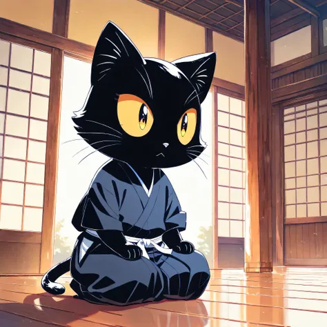 (masterpiece, best quality, ultra-detailed), a cute stylized anthropomorphic semi-human black cat with a rounded face, shiny yellow eyes, soft black fur, and symmetrical forward-facing ears. The cat is sitting formally in seiza position on the polished woo...