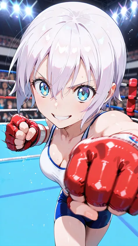 lisanna strauss, short hair, blue eyes, hair between eyes, white hair,, solo, Detailed eyes, white sports bra, black sports very short spats, white fingerless gloves, thigh, cleavage, slim long legs, medium breast, serious grin, looking at viewer, Detailed...
