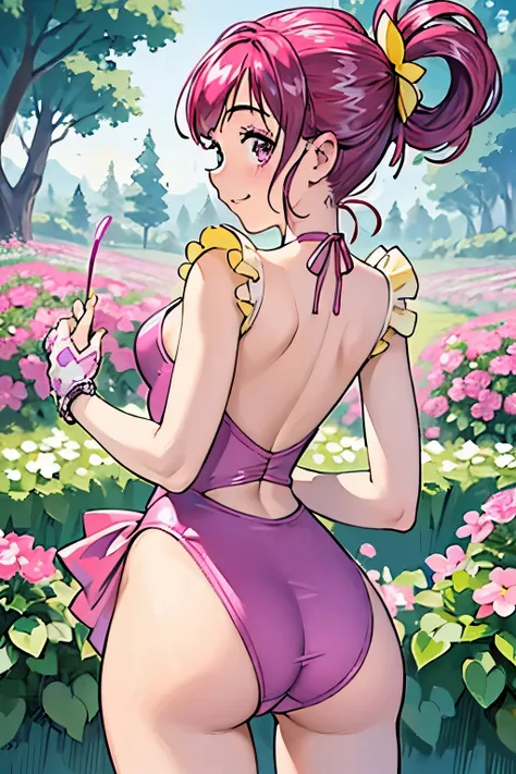 masterpiece, best quality, ultra-detailed, illustration, detailed light, happy, blush, Highlights hair, beautiful detailed body, detailed sparkling eyes, 1girl looking back, magenta deep-v one-piece swimsuit, her hip, full view of buttocks, showing buttock...