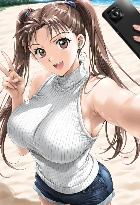 masterpiece, newest, lively, very aesthetic, high contrast, mature women who are rebellious to me,solo,from the side,((KanouRyouko, twintails, brown hair, long hair, brown eyes)),((white turtleneck summer sweater,sleeveless at the beach,DENIM SHORTS)), ((B...