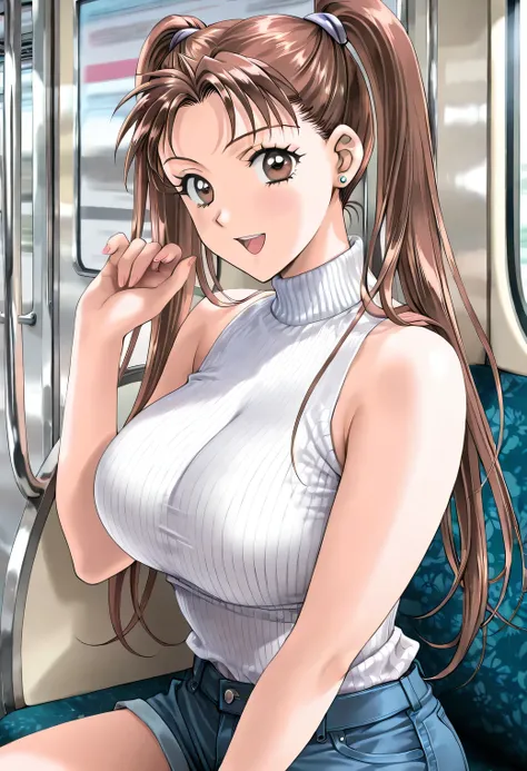masterpiece, newest, lively, very aesthetic, high contrast, mature women who are rebellious to me,solo,((KanouRyouko, twintails, brown hair, long hair, brown eyes)),(white turtleneck summer sweater,sleeveless at the beach,DENIM SHORTS)), ((Big Breasts:1.4)...