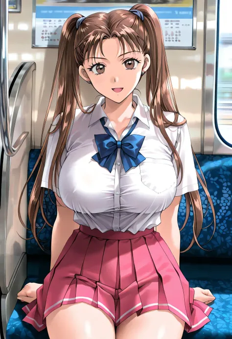 masterpiece, newest, lively, very aesthetic, high contrast, mature women who are rebellious to me,solo,((KanouRyouko, twintails, brown hair, long hair, brown eyes)),(school uniform,white shirt,blue ribbon,pink pleated skirt)), ((Big Breasts:1.4)), perfect ...