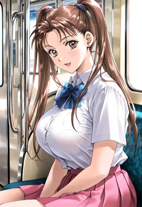 masterpiece, newest, lively, very aesthetic, high contrast, mature women who are rebellious to me,solo,((KanouRyouko, twintails, brown hair, long hair, brown eyes)),(school uniform,white shirt,blue ribbon,pink pleated skirt)), ((Big Breasts:1.4)), perfect ...
