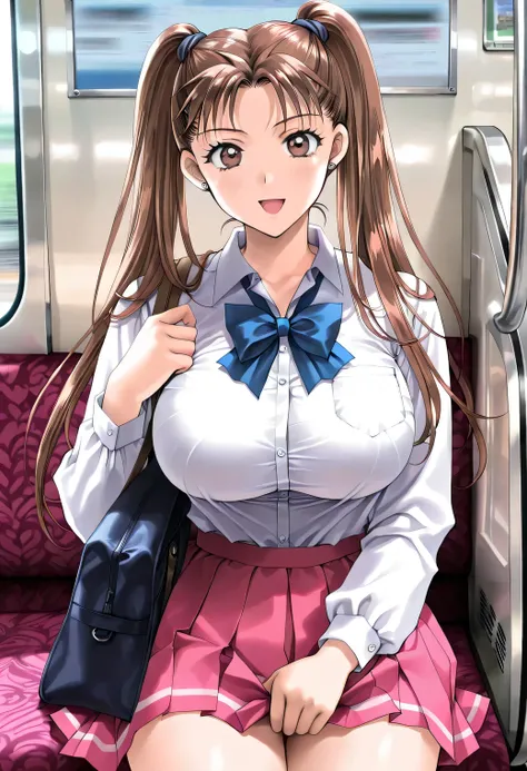 masterpiece, newest, lively, very aesthetic, high contrast, mature women who are rebellious to me,solo,((KanouRyouko, twintails, brown hair, long hair, brown eyes)),(school uniform,white shirt,blue ribbon,pink pleated skirt)), ((Big Breasts:1.4)), perfect ...