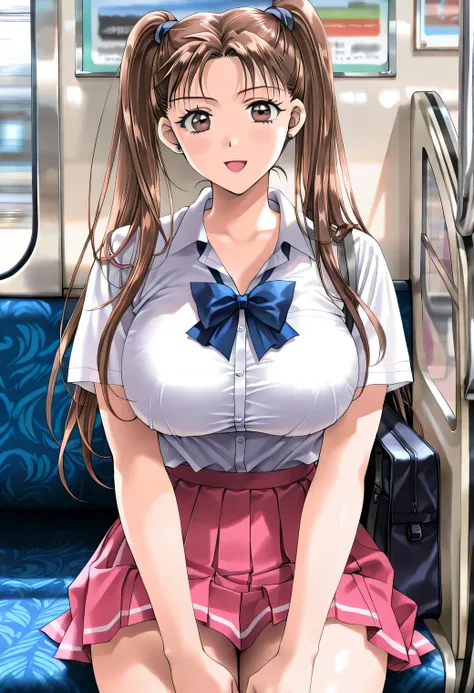 masterpiece, newest, lively, very aesthetic, high contrast, mature women who are rebellious to me,solo,((KanouRyouko, twintails, brown hair, long hair, brown eyes)),(school uniform,white short sleeve shirt,blue ribbon,pink pleated skirt)), ((Big Breasts:1....