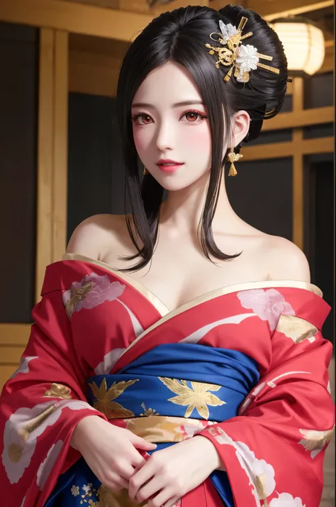 {{top quality, masterpiece}}, {Realistic: 1.3}, wallpapers, BREAK {{{FF7,Tifa_lockhart, solo}}}, ((((very luxurious and gaudy kimono, Kanzashi)))), kosode, {{off-shoulder}}, lying, flamboyant, brilliant, luxurious and gorgeous, Detailed eyes, Red eyes, {li...