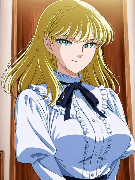 score 9 、score 8 up、score 7 up、source anime、傑作、最高品質、高解像度、1girl、mii、anime girl with blue eyes and blonde hair、solo、変化 in frilled blouse、portrait of 変化ta、blonde hair、long hair、blue eyes、french braid、crown braid、beautiful anime Girl standing、色付きスケッチアニメマンガパネル、...